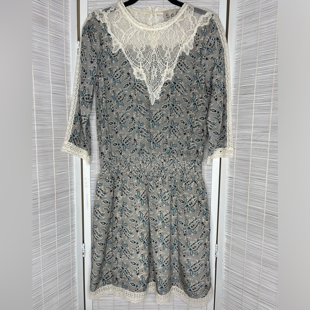Sea New York Silk Floral Lace Trim Smocked Waist Dress Blue Gray Size 0